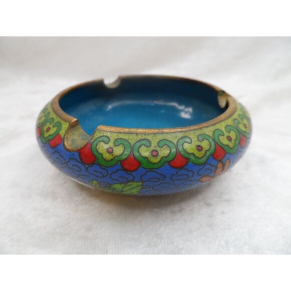 Other - Vintage Chinese Cloisonné Enamel Round Ashtray Blue Floral Trinket Dish 3.5”